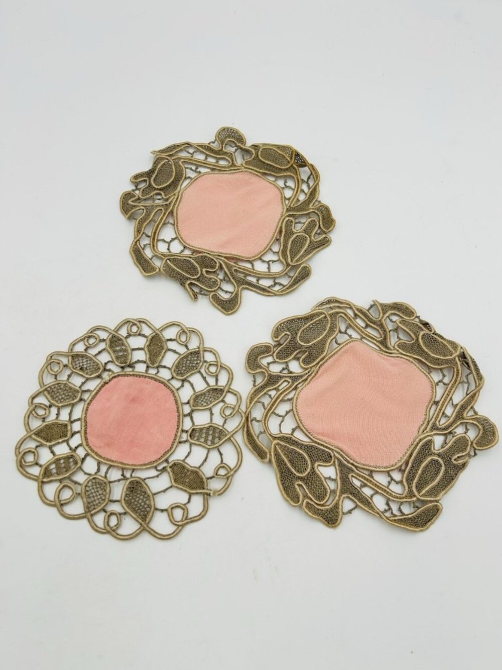 Vintage Lace Doilies Round Crochet Embroidered Beige Pink Coasters Set of 3